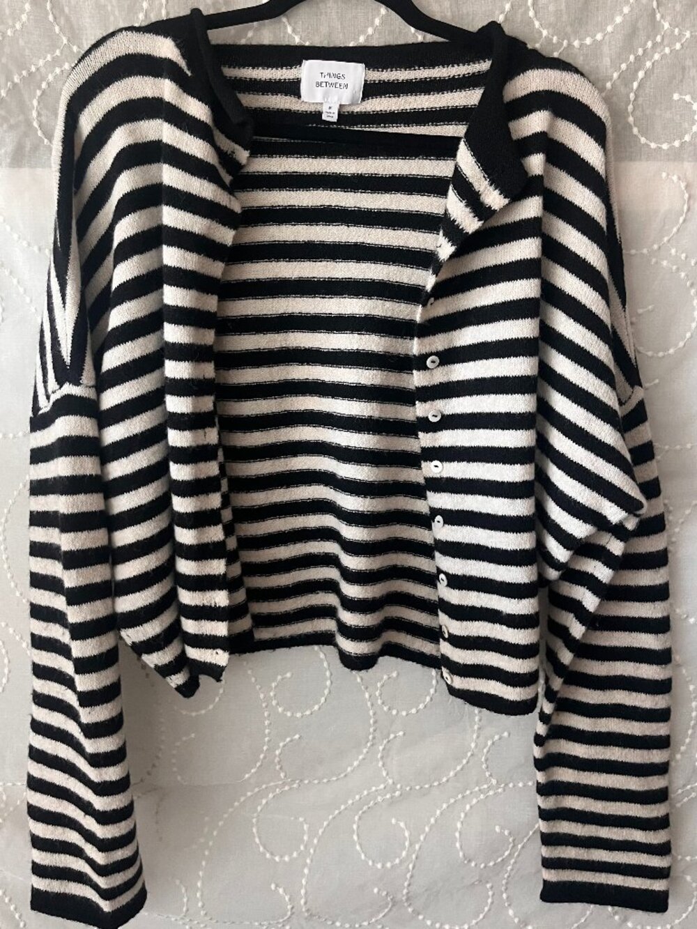 Things Between Striped Cardigan Sweater Black Cream Button Front Size M